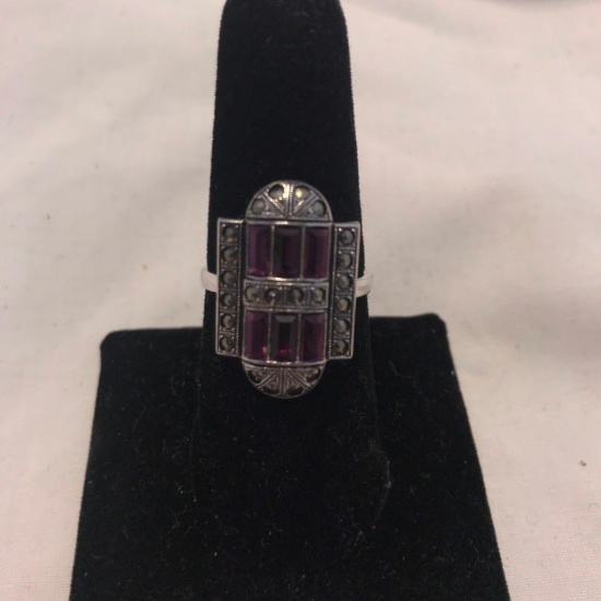 "Clark and Coombs" Sterling Silver Ring with Purple Gem Details (Size 8)