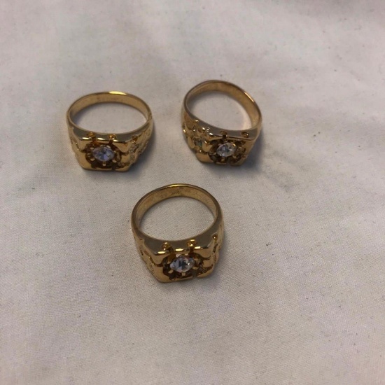 Lot of 3 Identical 14Kt Gold Electroplated Rings with Center Gems