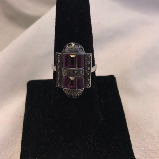 "Clark and Coombs" Sterling Silver Ring with Purple Gem Details (Size 8)