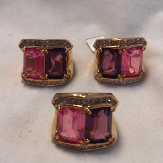 Lot of 3 Identical 18KT Gold Electroplated Rings with Pink and Purple Center Gems