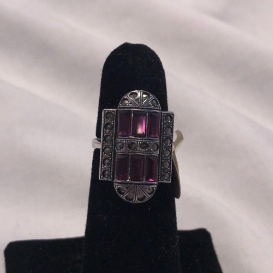 "Clark and Coombs" Sterling Silver Ring with Purple Gem Details (Size 5)