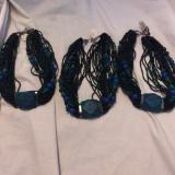 Lot of 3 Identical Blue, Black, and Green Beaded Necklaces