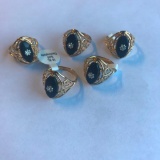 Lot of 5 Identical 14KT Gold Electroplated Rings, with Black Center Stones and Flower Embellishments