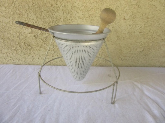 Vintage Ricer w/ Stand and Wooden Pestle 9" Tall