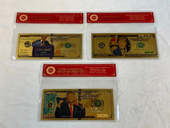 Lot of 3 24K GOLD Plated Foil DONALD TRUMP Bills Novelty Collection Notes