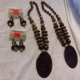 Lot of 2 Identical Wooden Bead Necklace and Earring Sets