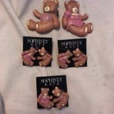 Lot of 2 Pink Bear Brooches and 3 Pairs of Matching Earrings