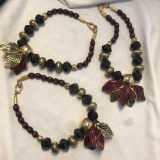 Lot of 3 Identical Black Bead Necklaces with Red and Gold-Toned Flowers