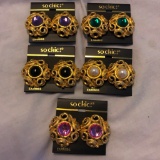 Lot of 5 Similar Pairs of Gold-Toned Clip-On Earrings with Colorful Center Gems