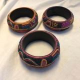 Lot of 3 Identical Colorful Embroidered Thick Bangle Bracelets