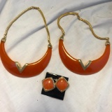 Lot of 2 Identical Orange and Gold-Toned Necklaces with 1 Pair of Matching Earrings