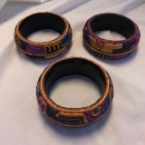 Lot of 3 Identical Colorful Embroidered Thick Bangle Bracelets