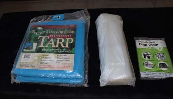 Lot of 9? X 12? Tarp and two large plastic drop cloths