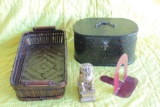 Basket, vintage makeup box, bookends