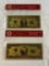 Lot of 2 24K GOLD Plated Foil Novelty Notes $1 and $2 Bill Gold Banknotes