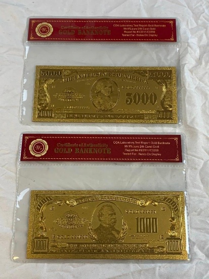 Lot of 2 24K GOLD Plated Foil Novelty Notes and $5000 and $1000 Bill Gold Banknotes