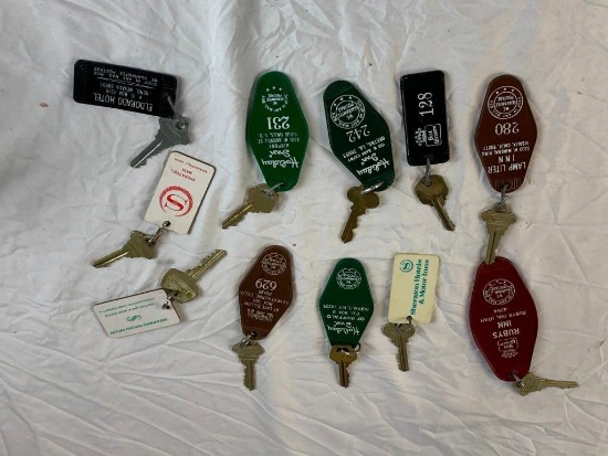 Lot of 11 Vintage Hotel Room Keys with FOB