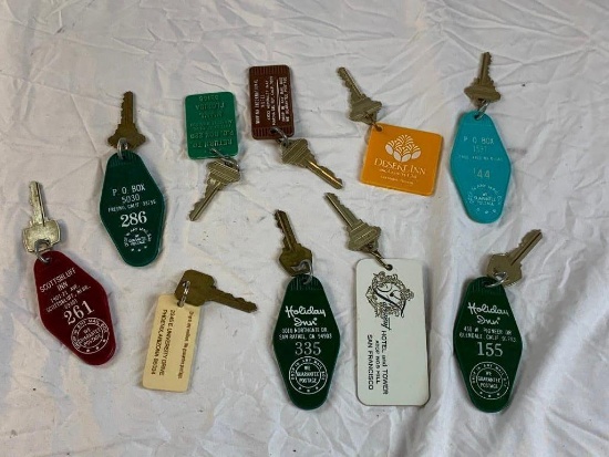 Lot of 10 Vintage Hotel Room Keys with FOB