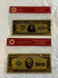 Lot of 2 24K GOLD Plated Foil Novelty Notes and $5000 and $1000 Bill Gold Banknotes