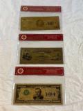 Lot of 3 24K GOLD Plated Foil Novelty Notes and $500, $100 and $100,00 Gold Banknote