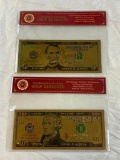 Lot of 2 24K GOLD Plated Foil Novelty Notes $5 and $10 Bill Gold Banknotes