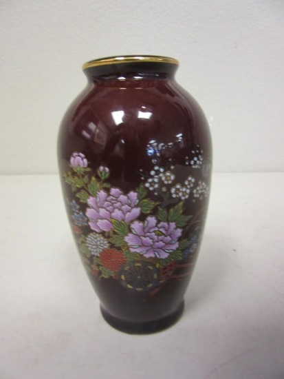 6" Tall Maroon Japanese Floral Design Ceramic Vase