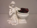 White Plaster Woman Leaning on Fountain Design Planter w/ Faux Roses