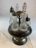 Antique Silver Plated Castor Etched Cruet 5 Bottles Condiment Set. Includes 5 Glass Bottles with 2