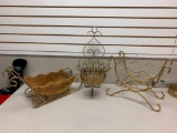 Lot of 3 Metal Gold Paint Home Decor Items, Sled, Basket and Wall Candle Holder