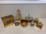 Gold Painted Home Decor with Containers, Picture Stand, Basket and more