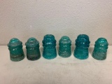 Lot of 6 Vintage Blue Crackled Cracked Glass Insulators