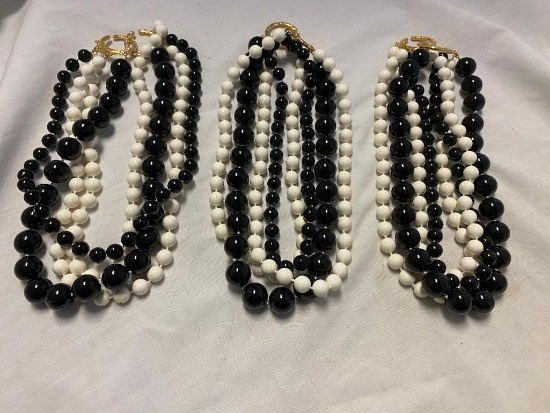 Lot of 3 Identical Black and White Beaded Necklaces