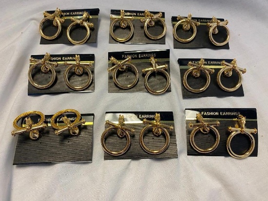 Lot of 9 Identical Gold-Tone Clip-On Horse Hoop Earrings