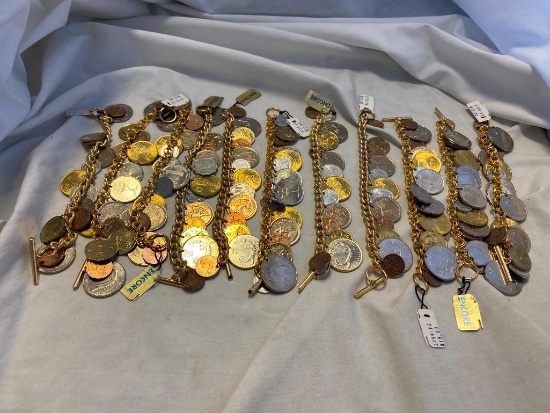 Lot of 11 Identical Gold-Tone Coin Bracelets