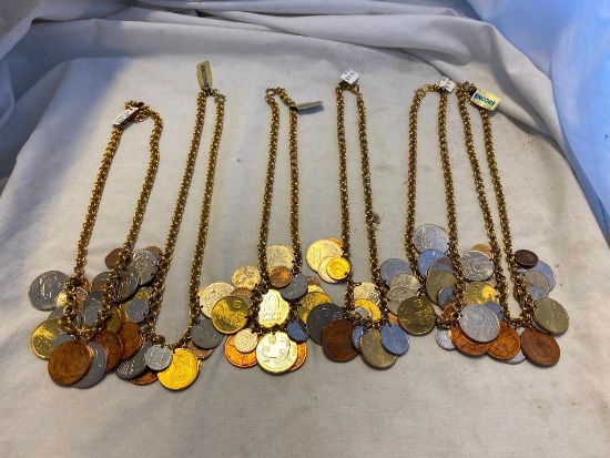 Lot of 6 Identical Gold-Tone Coin Necklaces