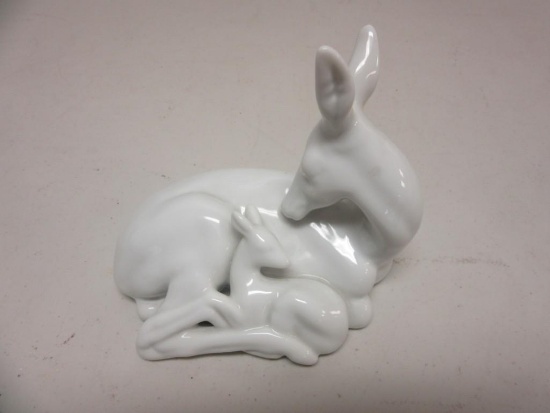 White Porcelain Figure of Sleeping Deer and Fawn 4.25" Tall