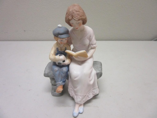 Vintage Meico Ceramic Figurine of Mother and Son on Bench Reading Book