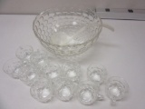 Glass Punch Bowl with Latel and 11 Matching Glass Punch Cups