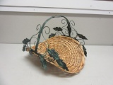 Decorative Wicker Basket w/ Green Metal Handle 10.5