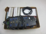 Tray Lot of Various Office Supplies Incl. Power Supply and Flashcards