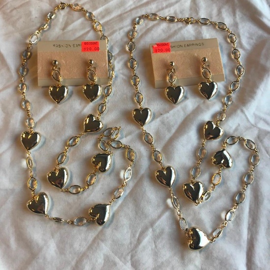 Lot of 2 Identical Gold-Toned Heart Necklaces and Earring Sets, with Clear Gem Details