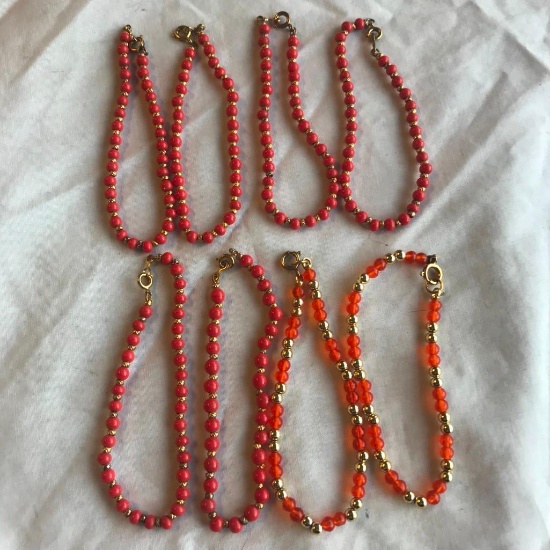 Lot of 8 Very Similar Red and Orange Beaded Bracelets
