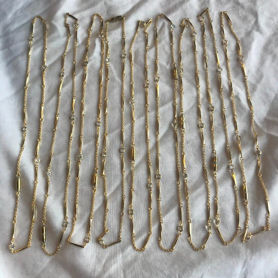 Lot of 9 Identical Gold-Toned Necklaces with Clear Gem Details