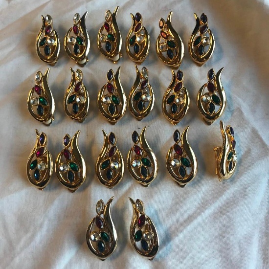 Lot of 10 Identical Pairs of Gold-Toned Earrings with Colorful Plastic Gem Details