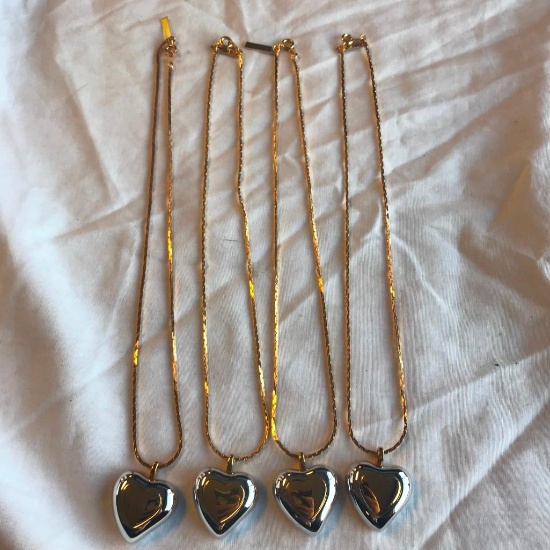 Lot of 4 Identical Gold-Toned and Silver-Toned Heart Pendant Necklaces