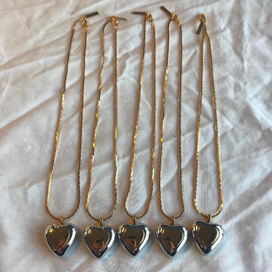 Lot of 5 Identical Gold-Toned and Silver-Toned Heart Pendant Necklaces