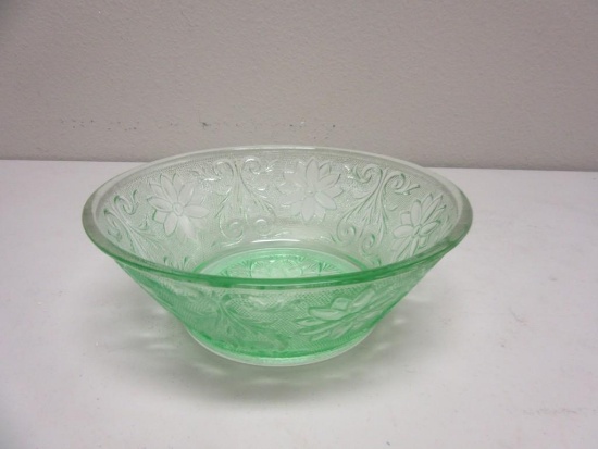 Vintage Green Glass Bowl w/ Floral Design 8.5" in Diameter 3" Tall