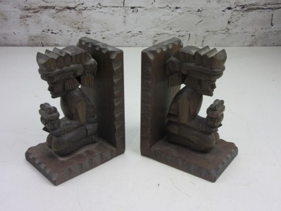 Pair of Wooden AZTEC Design Bookends 4"x5"x7"