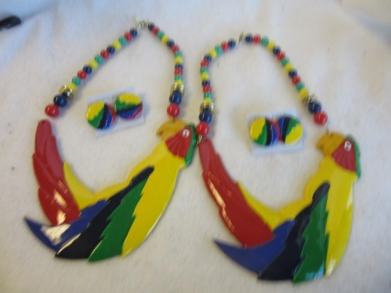 Lot of 2 Identical Colorful Wooden Parrot Necklace and Earring Sets
