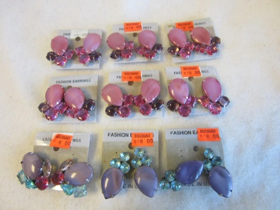 Lot of 9 Similar Pink and Purple Rhinestone Clip-On Costume Earrings